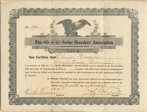 Elmer joins the O.I.C. Swine Breeders Asscociation in 1915