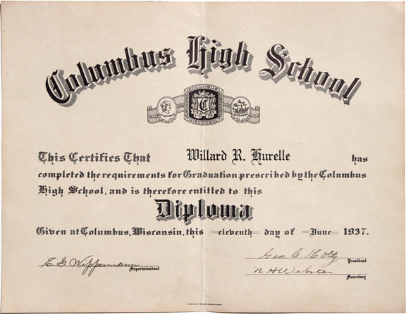 1937 Willard Hurelle - Columbus High Diploma Wisconsin