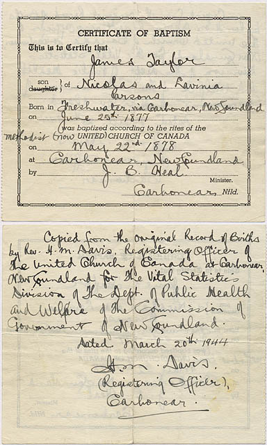 1944 Baptism certificate for James Taylor Parsons United Church Carbonear