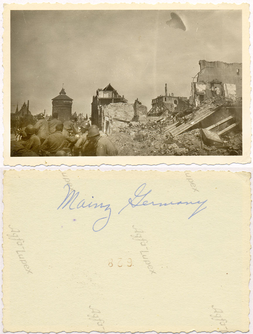 WWII destruction in Mainz Germany with U.S. Army troops