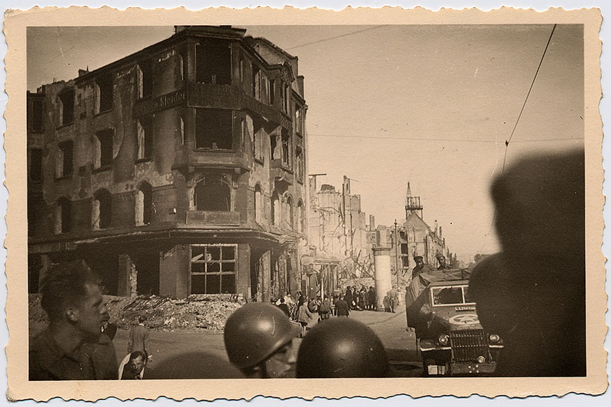 WWII destruction in Mainz Germany with U.S. Army troops