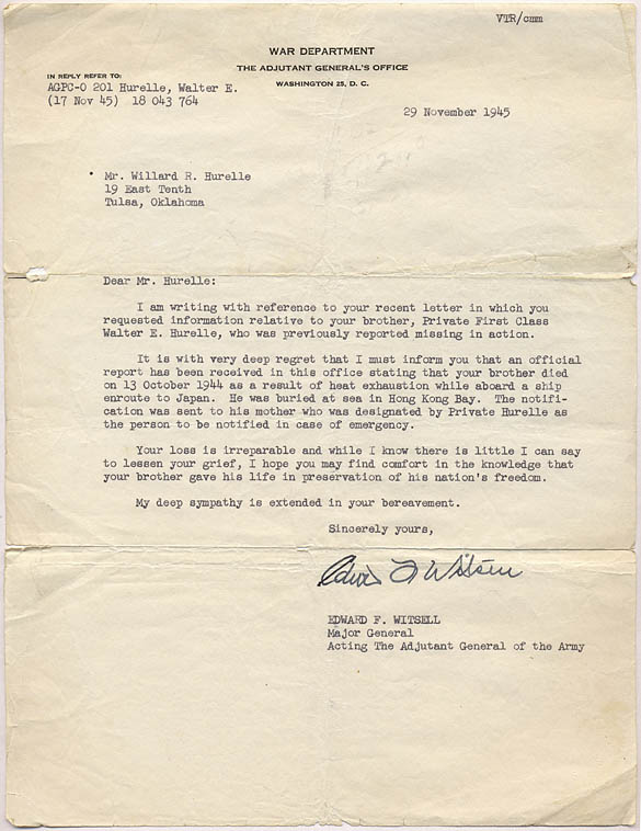 War Dept Letter to Della