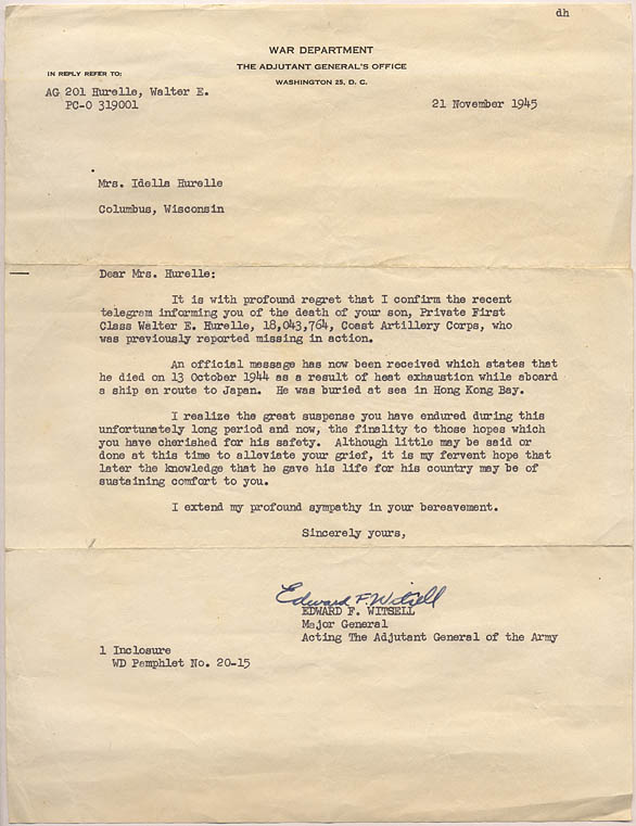 War Dept Letter to Della