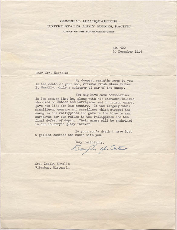 MacArthur Condolence Letter to Mrs. Hurelle