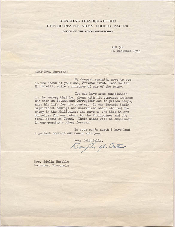 MacArthur Condolence Letter to Mrs. Hurelle
