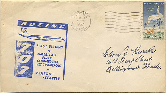 1957 Boeing 707 envelope to Elmer Hurelle in Washington