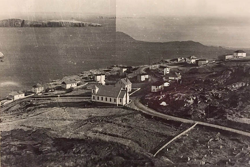 1957 Freshwater Newfoundland United Church and homes with Carbonear Island