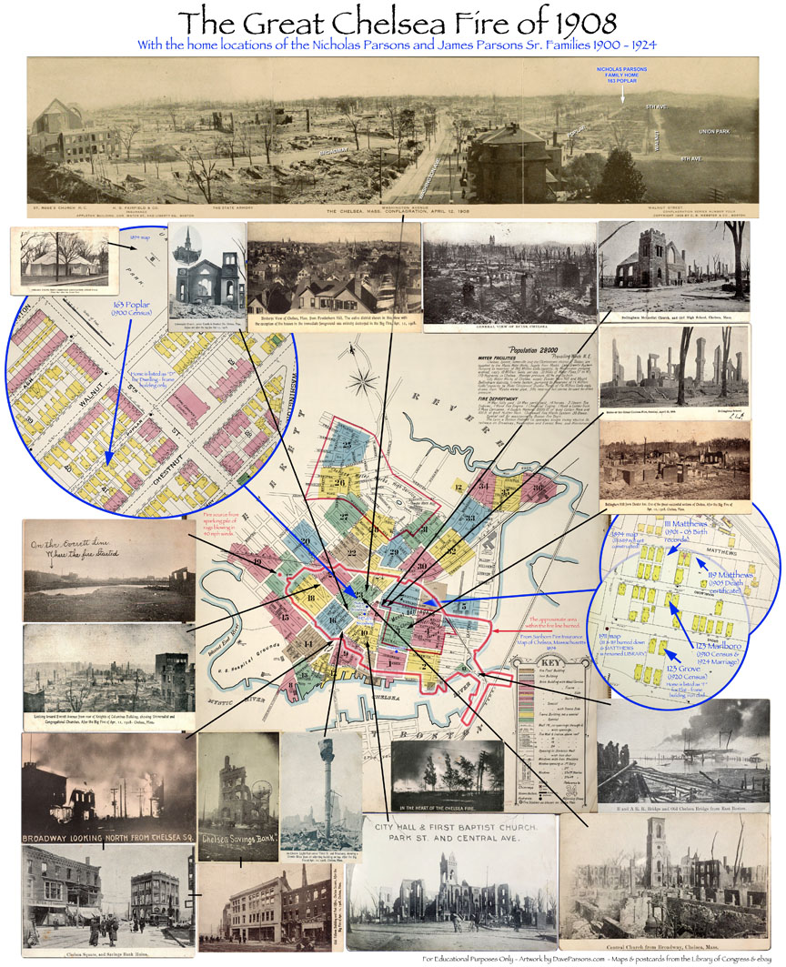 Burn Map of The Great Chelsea Fire of 1908 with the Parsons families