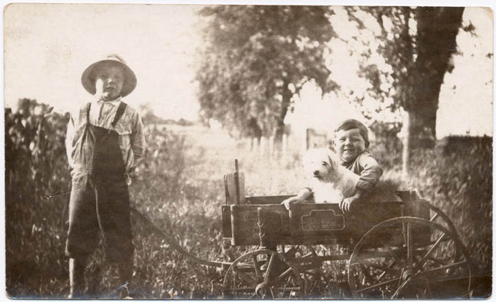 Walter pulls Claude in 'The Dreadnought Farm Wagon' with the dog