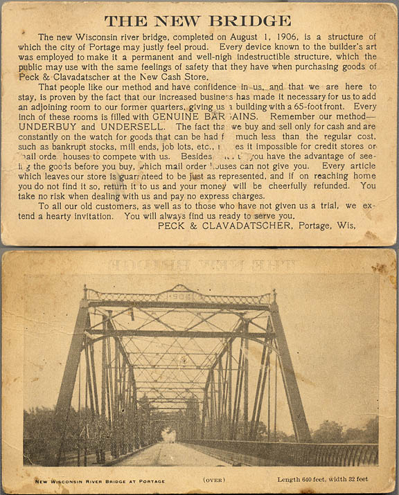 Wisconsin River Bridge post card advertsing Peck store