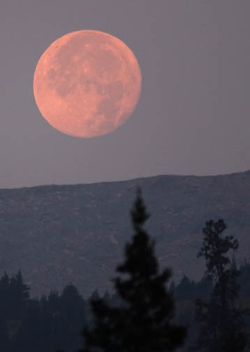 An erie full moon sinks towards the horizon in a smoky sky filled with smoke from British Columbia wildfires. 